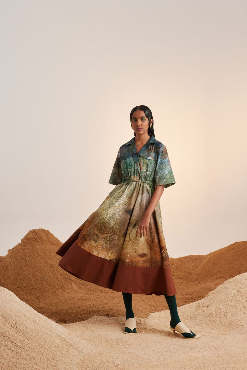 Print Blocked Dress-Underwater cotton Dress by CORD for women in Singapore