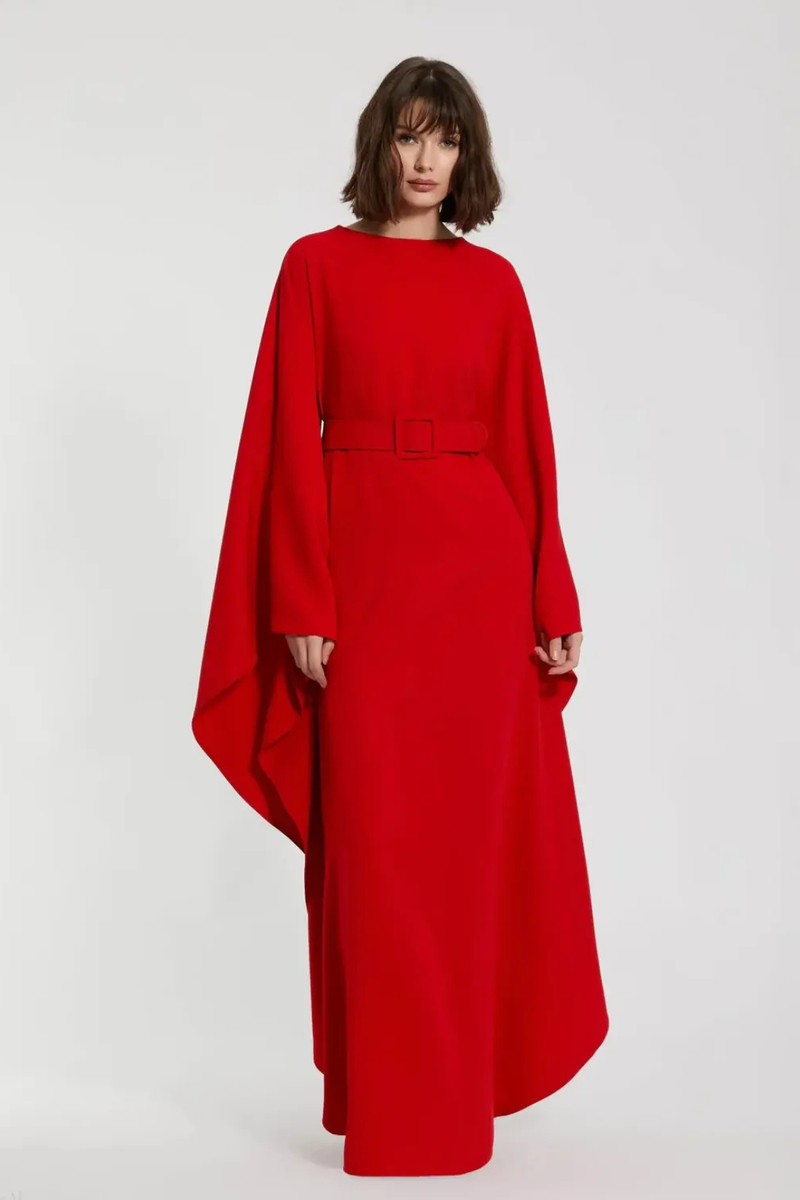 Red Crepe Boat Neck Kaftan Maxi Dress With Belt by Mac Duggal in red color for women in Singapore