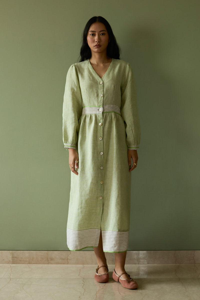 Liana Stripe Linen Dress-Meadow linen by Manan in green color for women in Singapore