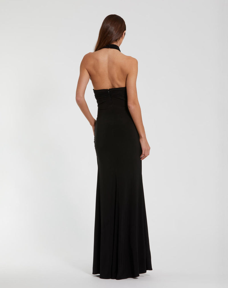 27572-Jersey Crossover Halter Neck Gown With 3D Flower by Mac Duggal in black color for women in Singapore