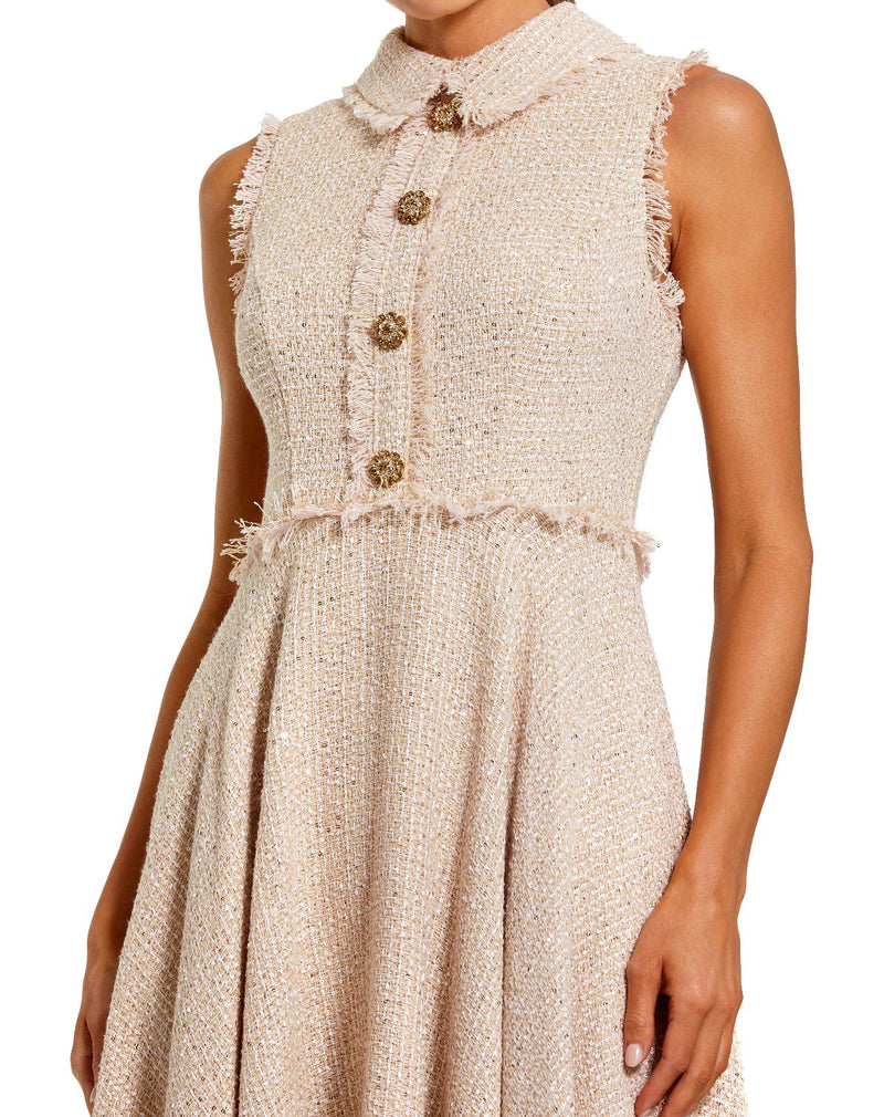 27658-Pink Boucle Sleeveless Collared Button Up Midi Dress by Mac Duggal in blush color for women in Singapore