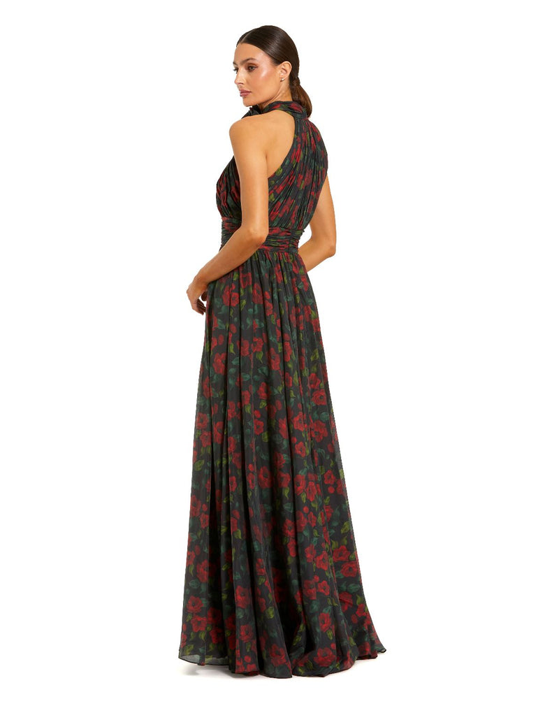 27692-Black Floral Print Halter Neck Gown with Rosette Detail chiffon by Mac Duggal in multi color for women in Singapore