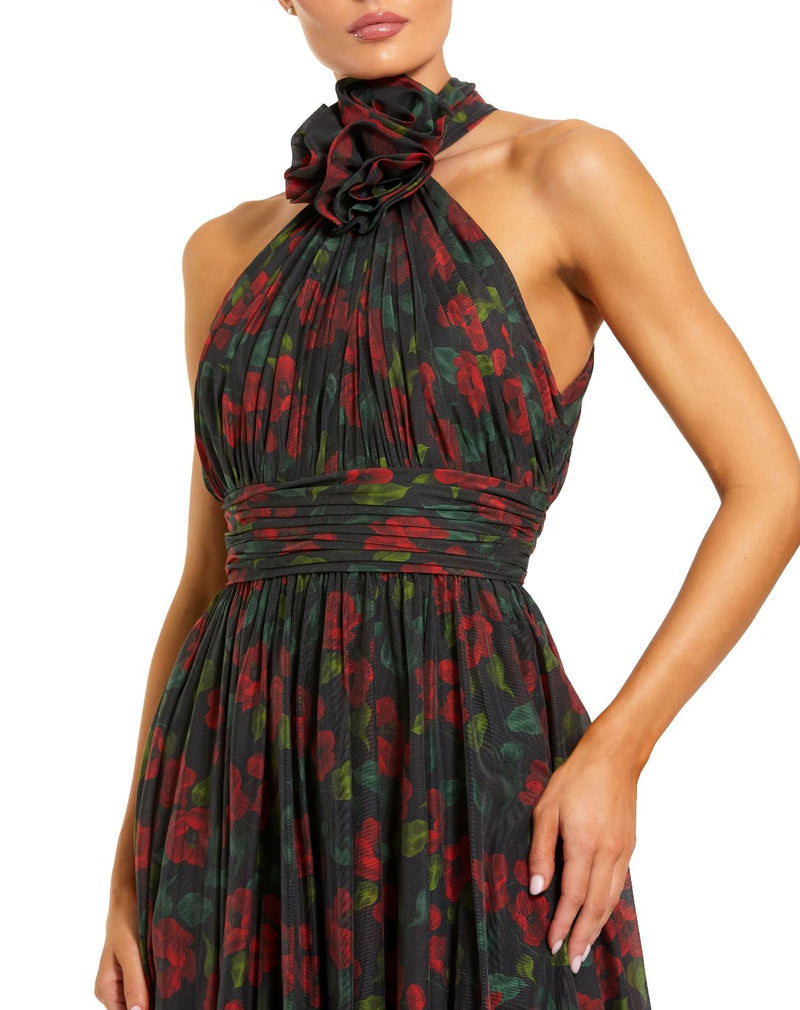 27692-Black Floral Print Halter Neck Gown with Rosette Detail chiffon by Mac Duggal in multi color for women in Singapore