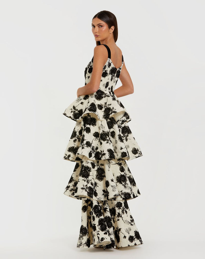 27710-Black and White Floral Boucle Tiered Ruffle Gown by Mac Duggal in black color for women in Singapore