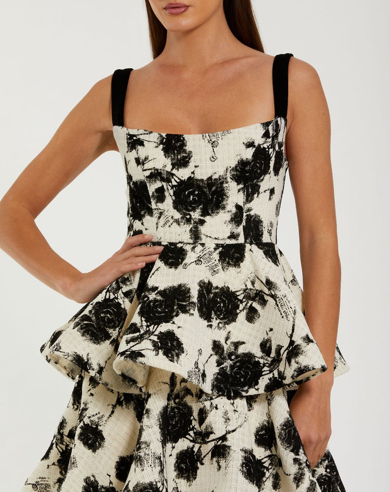 27710-Black and White Floral Boucle Tiered Ruffle Gown by Mac Duggal in black color for women in Singapore