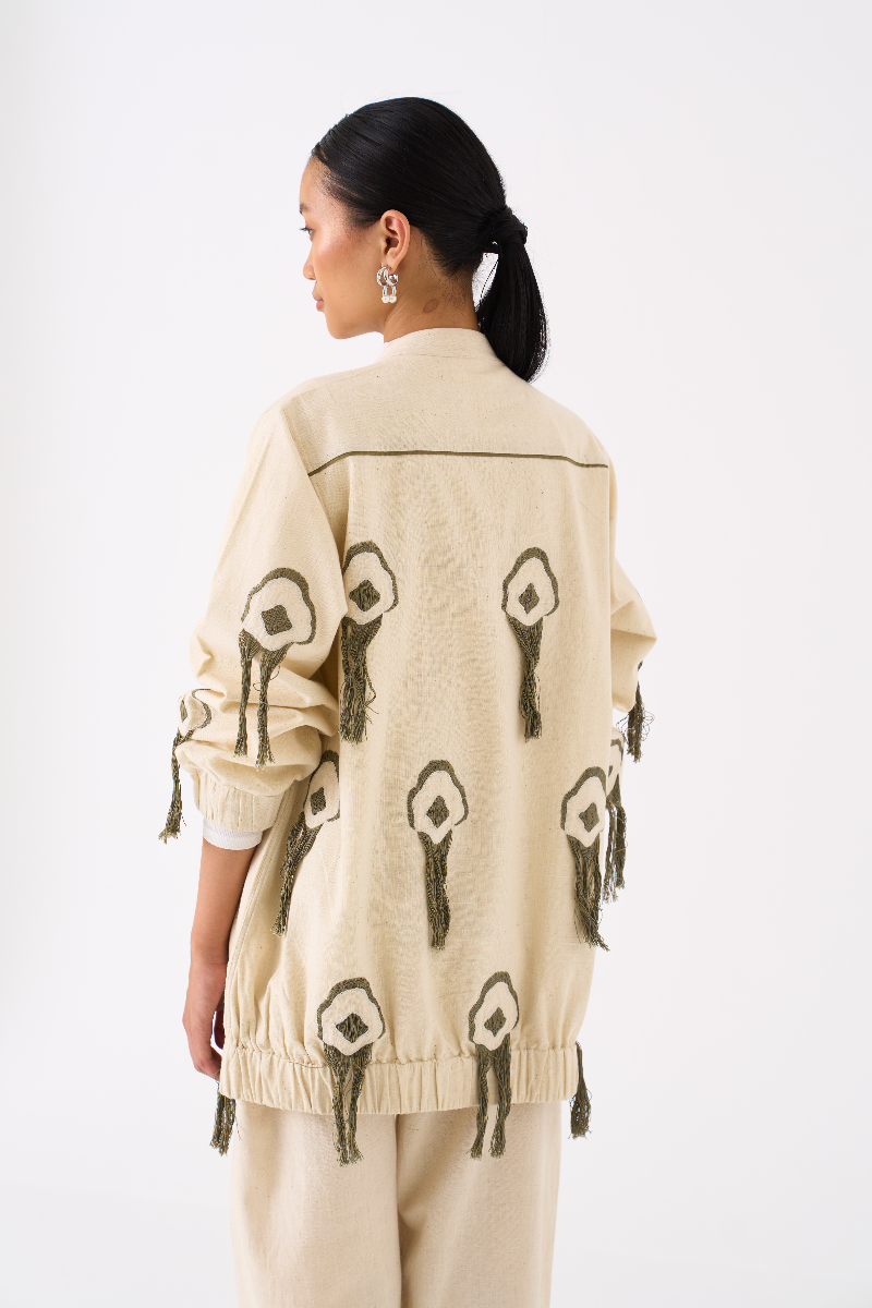 FRINGE BOMBER JACKET-IVORY by THREE in ivory color for women in Singapore