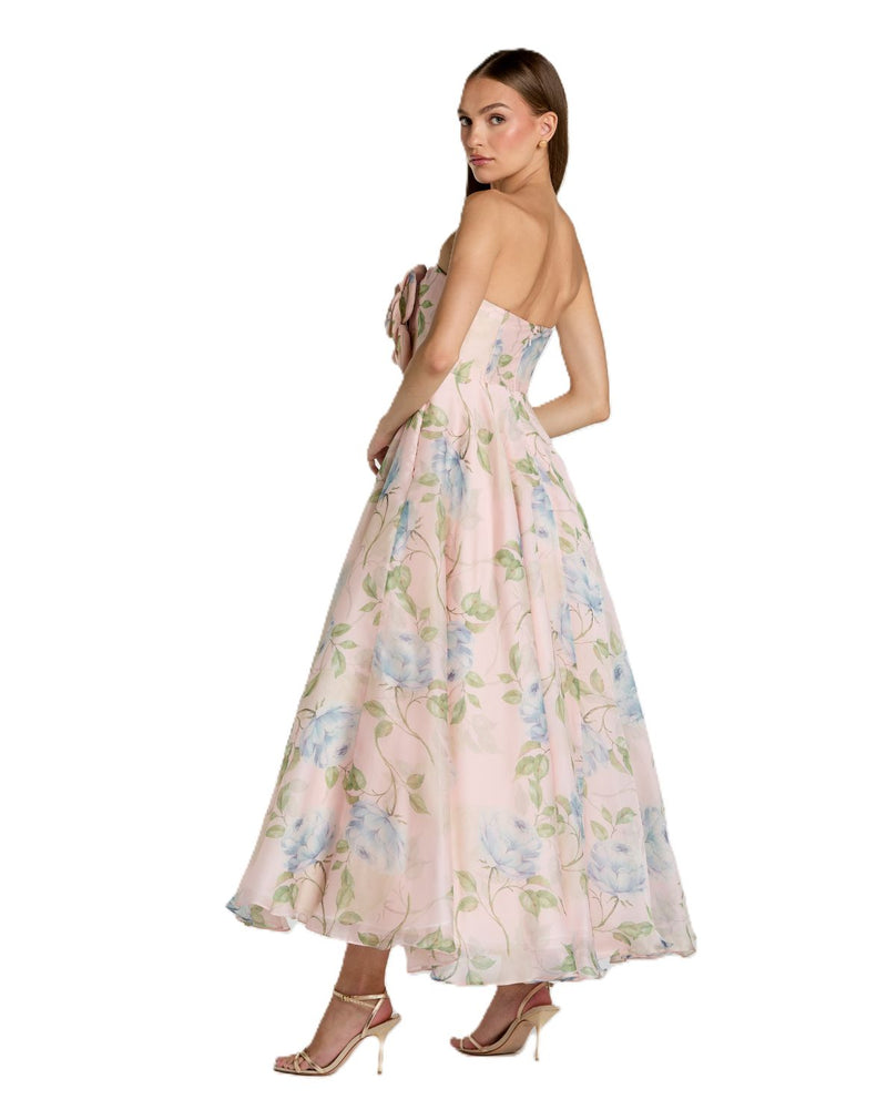 27822 - Pink Strapless Floral Organza Midi Dress With Flower polyester cocktail/party dress by Mac Duggal in pink for women in Singapore