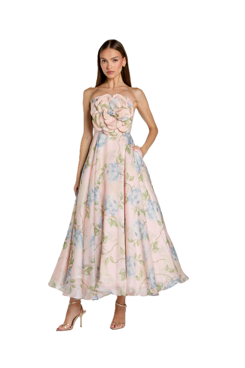 27822 - Pink Strapless Floral Organza Midi Dress With Flower polyester cocktail/party dress by Mac Duggal in pink for women in Singapore