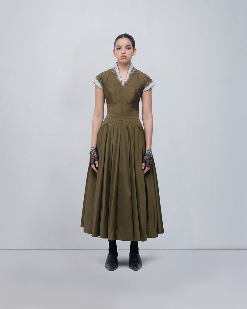 Margarite Dress-Olive viscose by Leh Studios in olive for women in Singapore