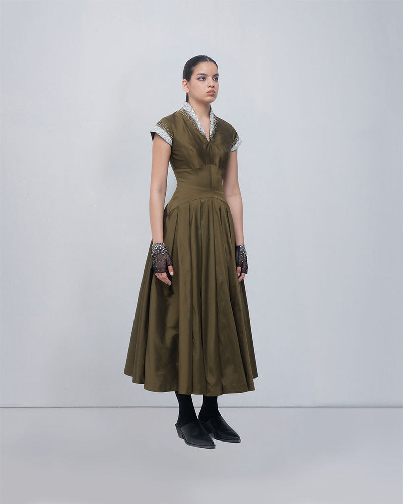 Margarite Dress-Olive viscose by Leh Studios in olive for women in Singapore
