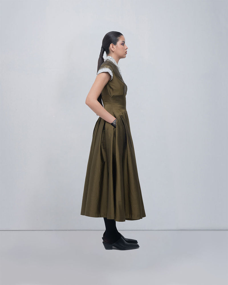 Margarite Dress-Olive viscose by Leh Studios in olive for women in Singapore