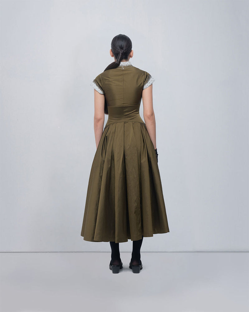Margarite Dress-Olive viscose by Leh Studios in olive for women in Singapore