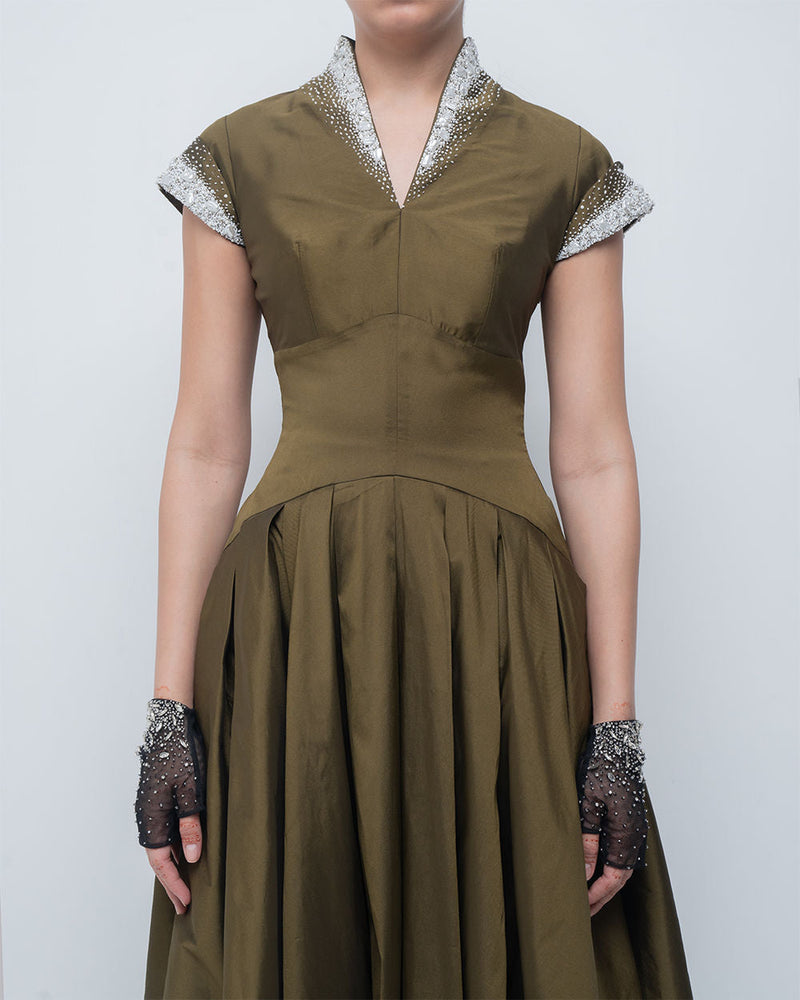 Margarite Dress-Olive viscose by Leh Studios in olive for women in Singapore