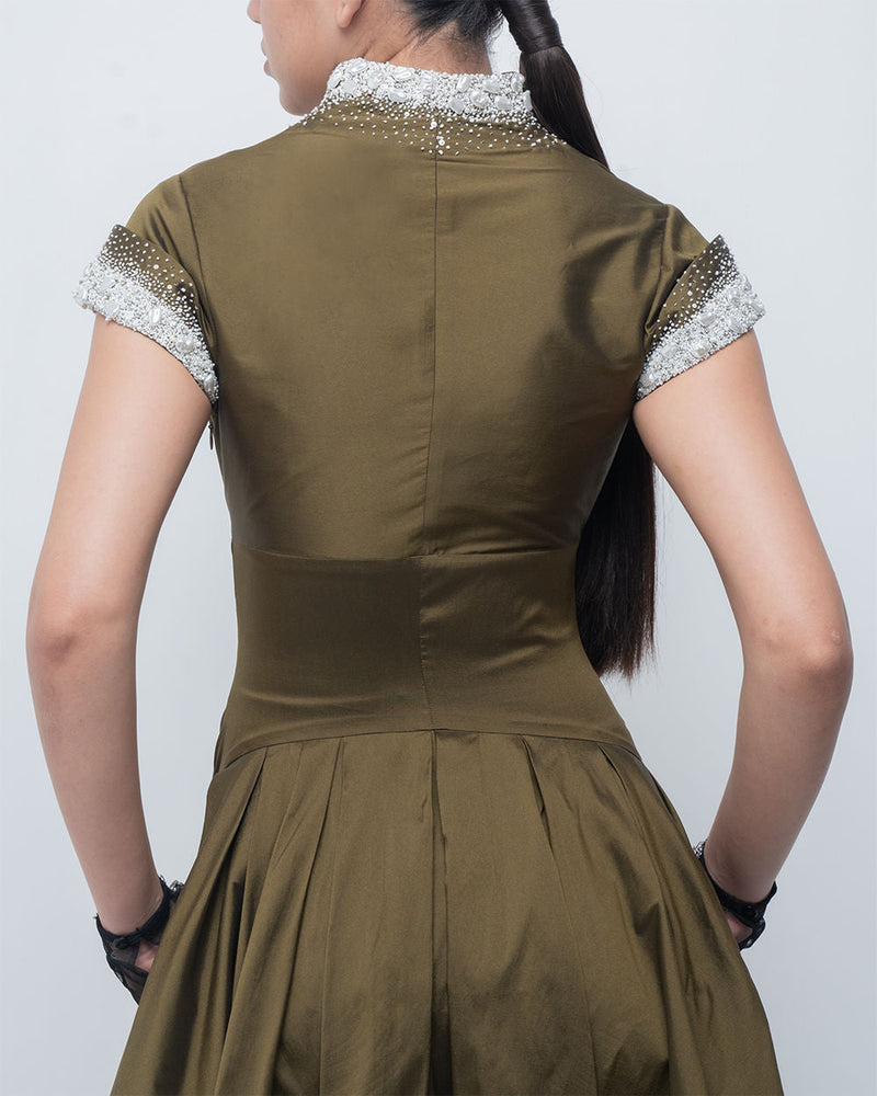 Margarite Dress-Olive viscose by Leh Studios in olive for women in Singapore
