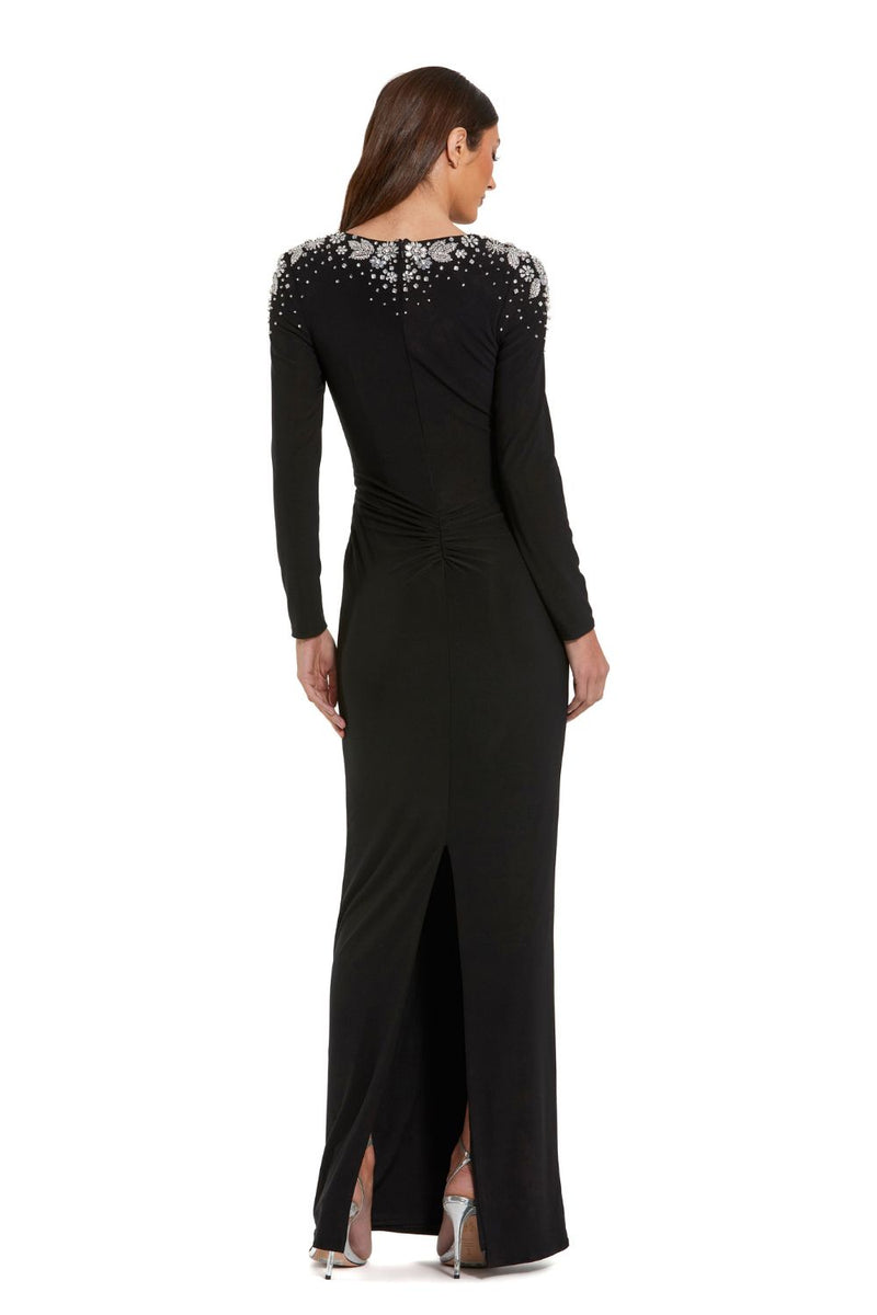 44063-Jersey V Neck Faux Knot Gown With Beaded Shoulders by Mac Duggal in black color for women in Singapore
