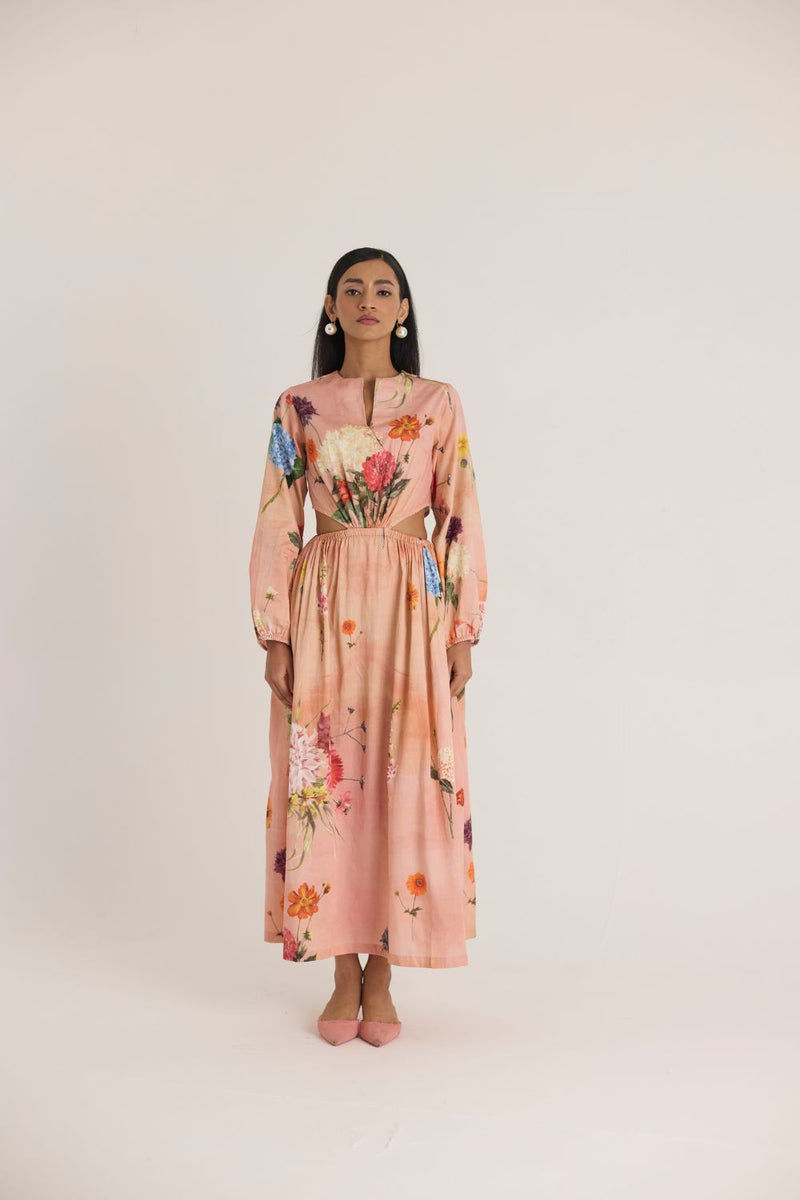 BUTTERCUP BOTH SIDE CUT DRESS satin by Yam in peach color for women in Singapore
