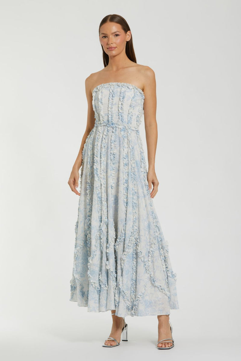 8265-Floral Cotton Ruffle Strapless Gown by Mac Duggal in blue color for women in Singapore