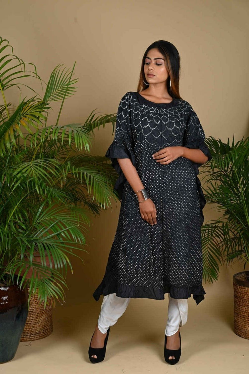 SUNFLOWER KAFTAN-BLACK silk by Dyelogue in black color for women in Singapore