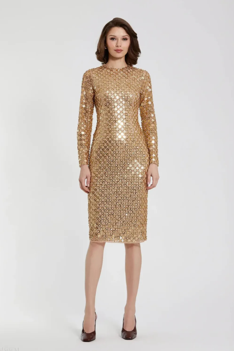 Gold Beaded Georgette Long Sleeve Fitted Midi Dress by Mac Duggal in gold color for women in Singapore