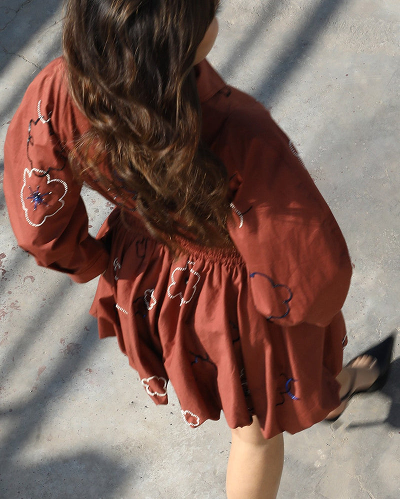 Embroidered bubble hem dress 100% cotton Buy Embroidered bubble hem dress from C&W | Dresses for Women by Leh Studios in brown color for women in Singapore