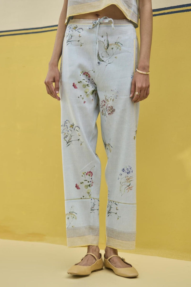 Ema Watercolour Floral Linen Pant - Sky linen by Manan in blue color for women in Singapore