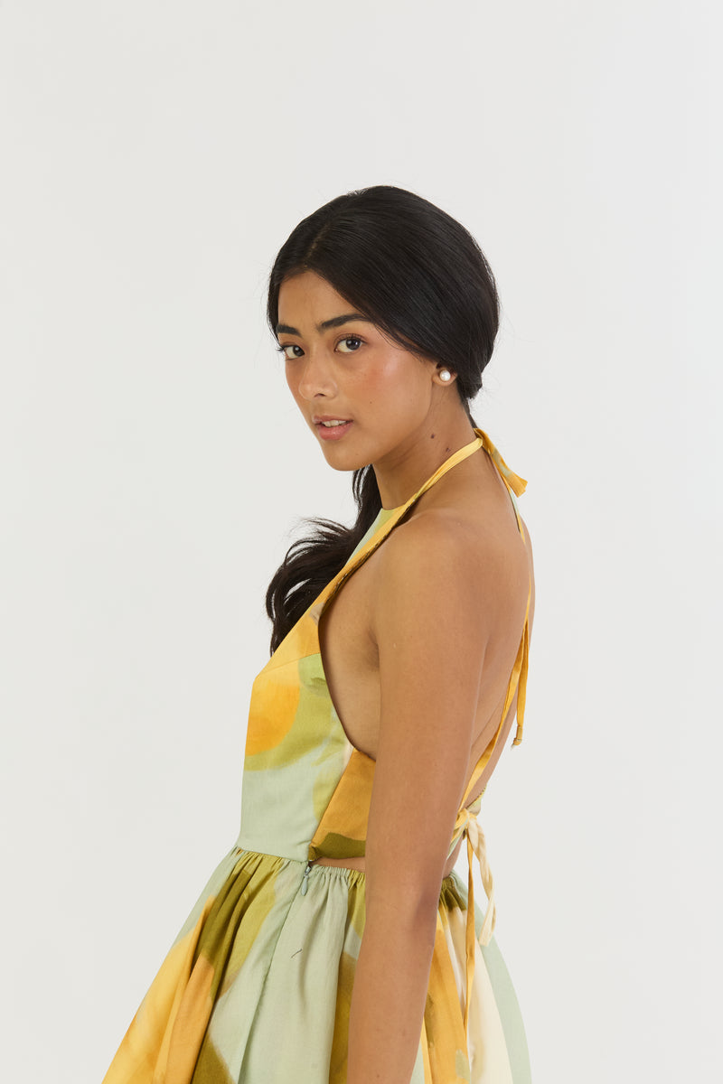 LEMONADE HALTER NECK DRESS satin by Yam in yellow color for women in Singapore