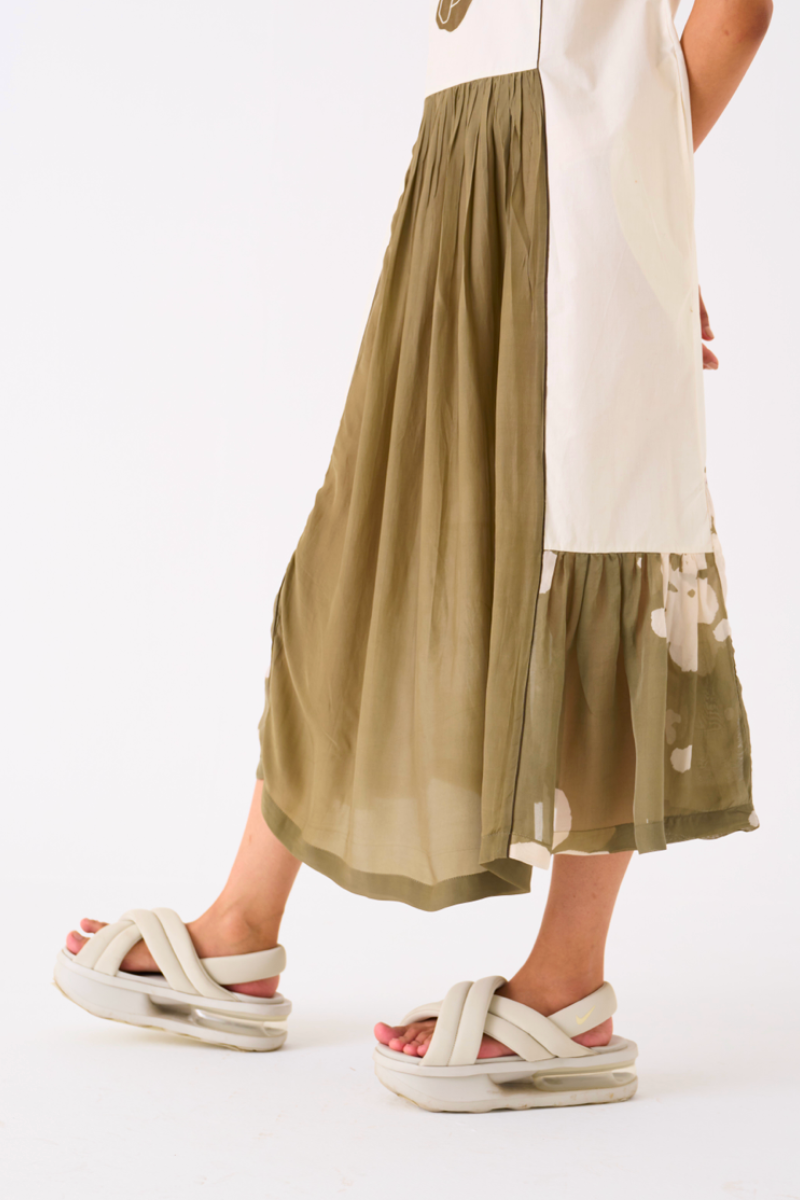 FLORAL PANELLED DRESS-IVORY/OLIVE poplin by THREE in olive color for women in Singapore