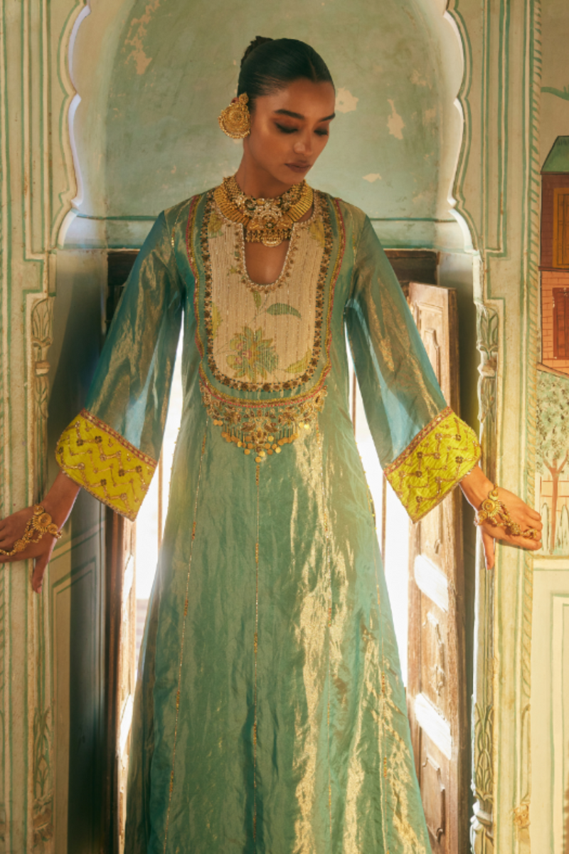 Khel Teal Tissue Yoke Kurta Set silk by Rajiramniq in multi color for women in Singapore
