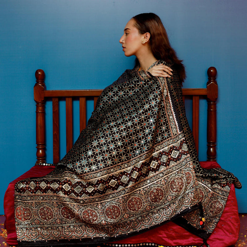 Dushala Black Ajrakh Reversible Wrap