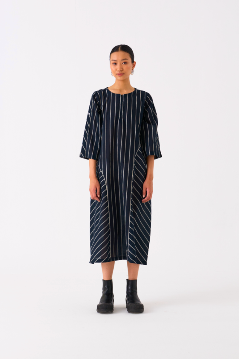 ALL STRIPE DRESS-BLACK STRIPE mul by THREE in black color for women in Singapore