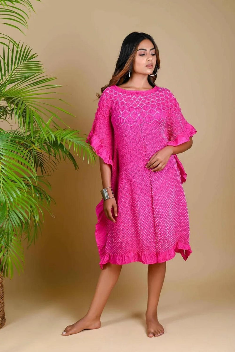 SUNFLOWER KAFTAN-FUSCHIA PINK silk by Dyelogue for women in Singapore
