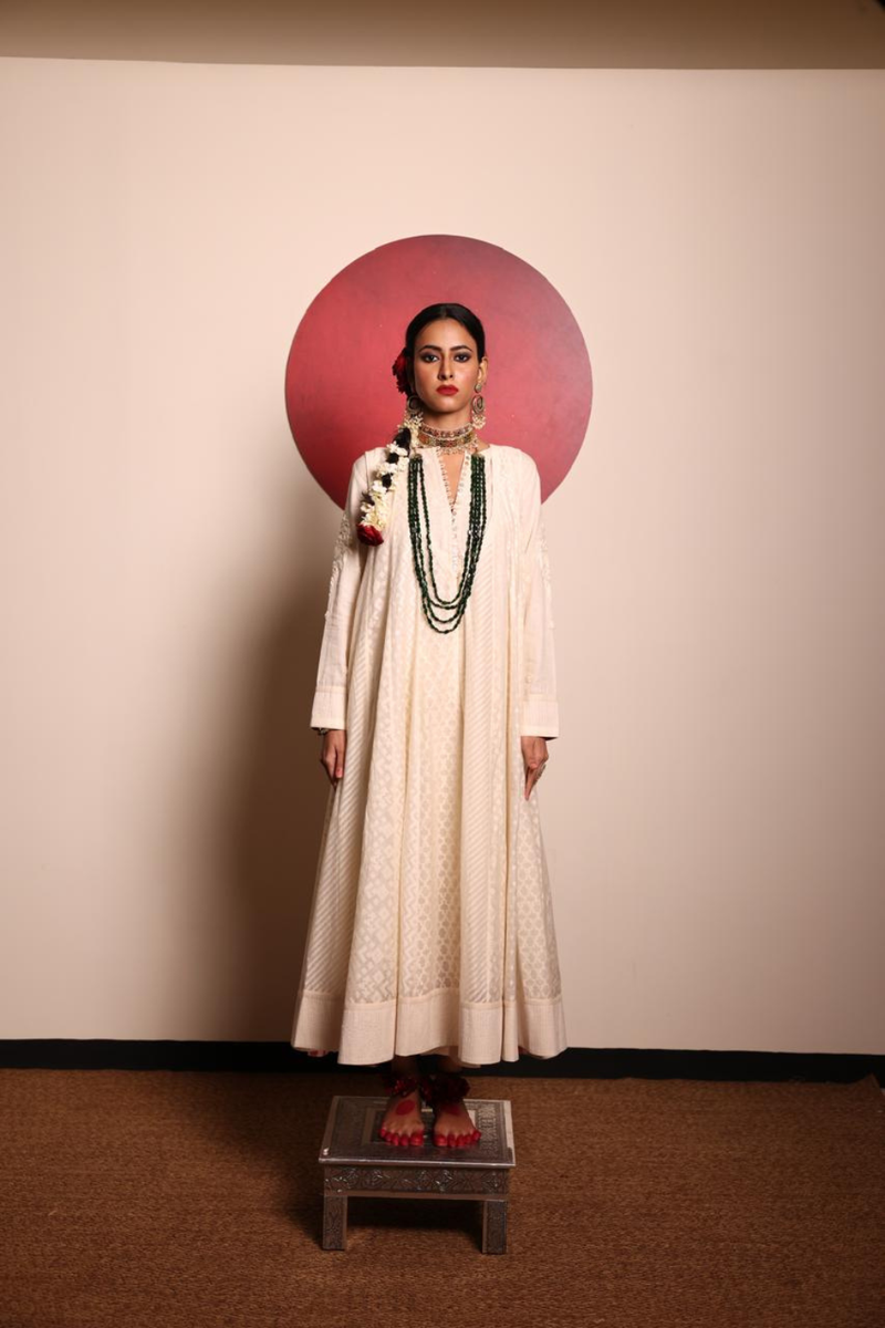 Off-white Organic Lucknowi Panelled Anarkali