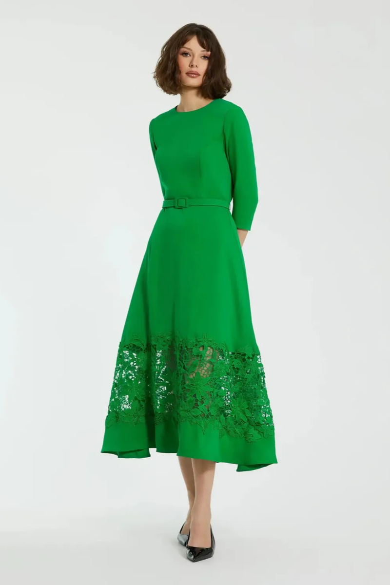 Green Crepe Boat Neck Midi Dress With Applique Cut Out by Mac Duggal in green color for women in Singapore