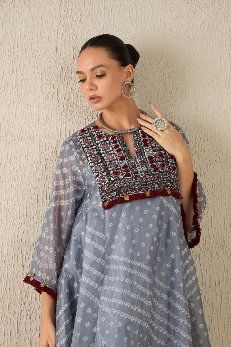 AFGHANI BANDHANI SET - Light Grey silk by Aavidi in yellow color for women in Singapore
