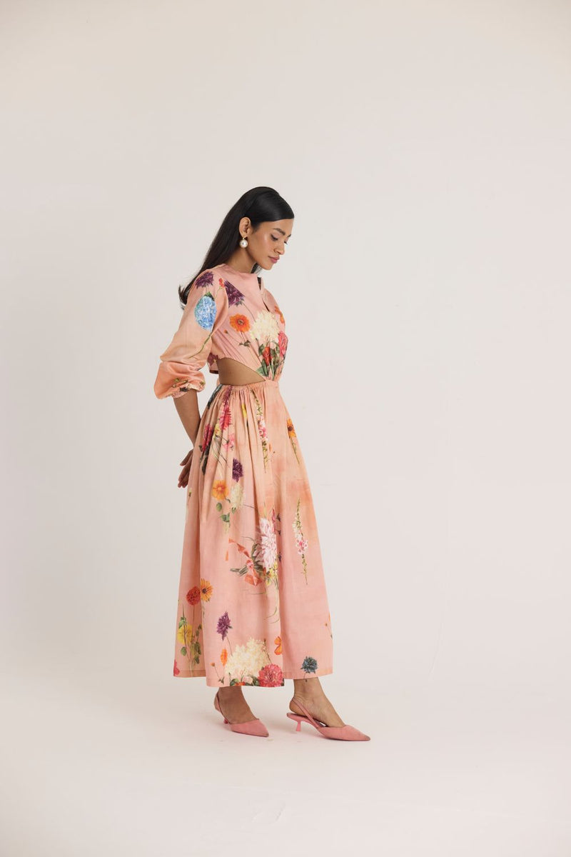 BUTTERCUP BOTH SIDE CUT DRESS satin by Yam in peach color for women in Singapore