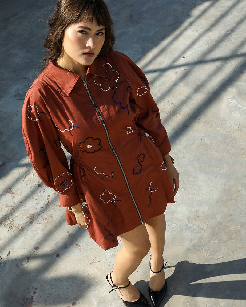 Embroidered bubble hem dress 100% cotton Buy Embroidered bubble hem dress from C&W | Dresses for Women by Leh Studios in brown color for women in Singapore