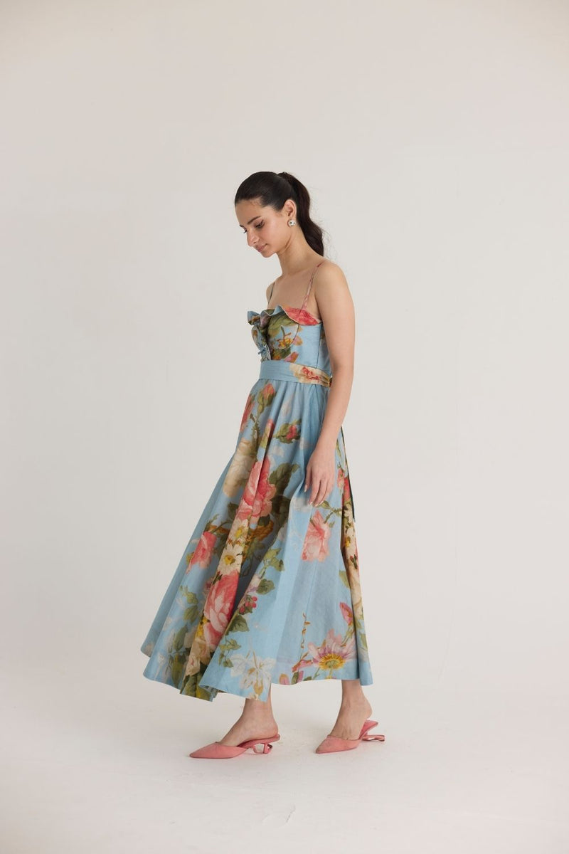 TAFFY COTTON FRILLS DRESS cotton by Yam in blue color for women in Singapore