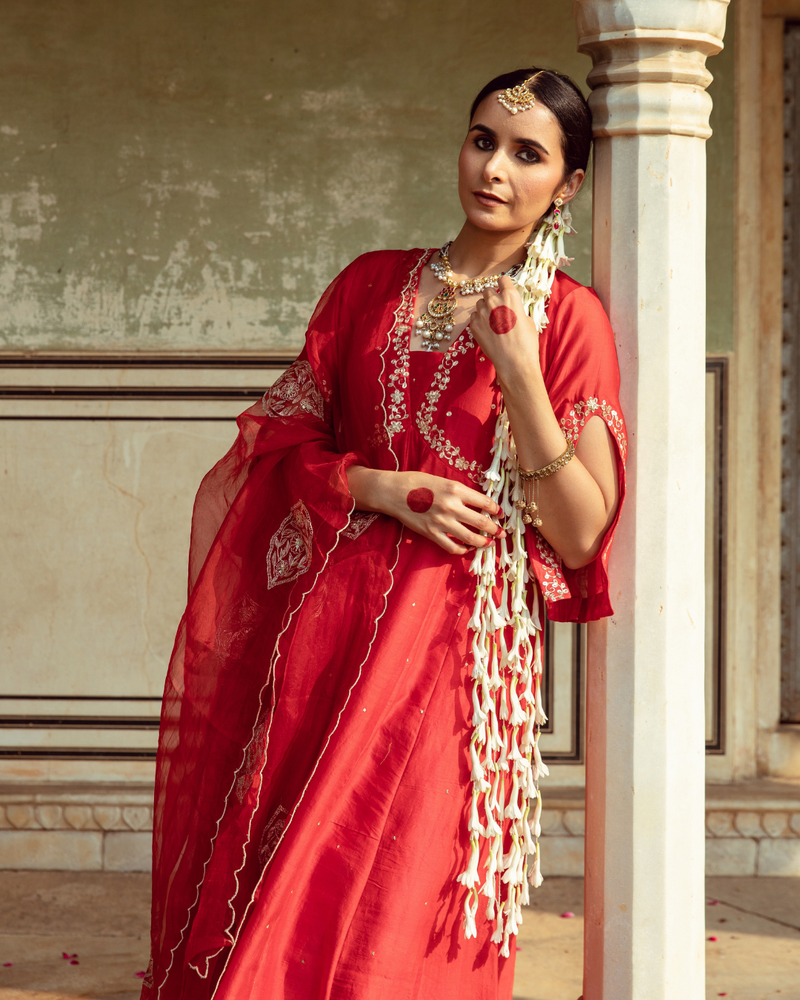 Deep Red Zari Embroidered Kalidar Set silk Buy Deep Red Zari Embroidered Kalidar Set from C&W | Kurta/Kurta Sets for Women by Maison Shefali in red color for women in Singapore
