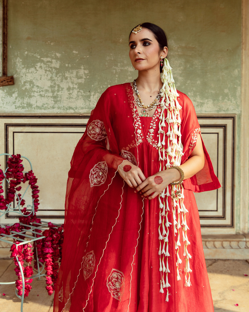 Deep Red Zari Embroidered Kalidar Set silk Buy Deep Red Zari Embroidered Kalidar Set from C&W | Kurta/Kurta Sets for Women by Maison Shefali in red color for women in Singapore