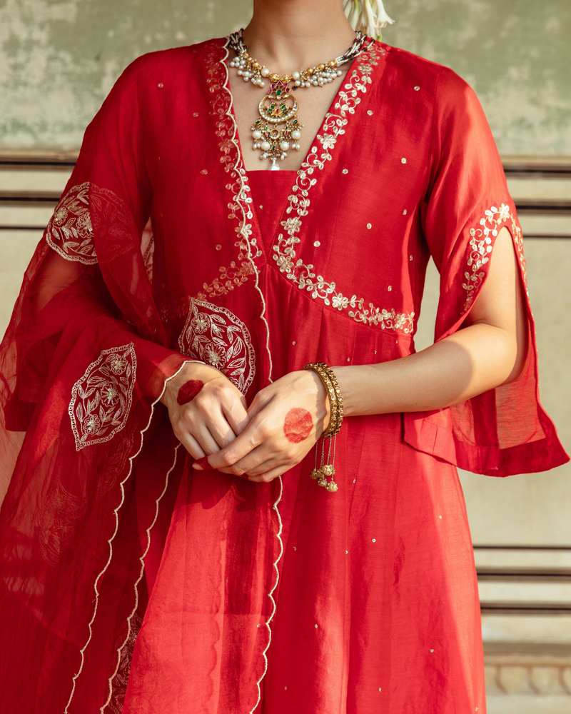Deep Red Zari Embroidered Kalidar Set silk Buy Deep Red Zari Embroidered Kalidar Set from C&W | Kurta/Kurta Sets for Women by Maison Shefali in red color for women in Singapore