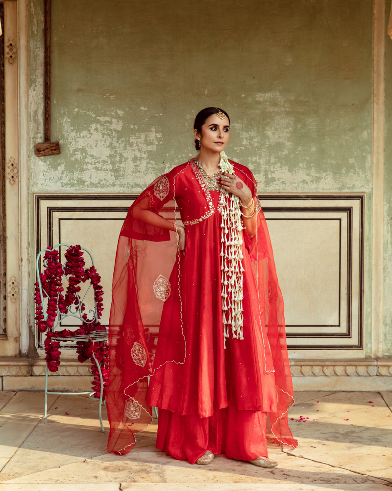 Deep Red Zari Embroidered Kalidar Set silk Buy Deep Red Zari Embroidered Kalidar Set from C&W | Kurta/Kurta Sets for Women by Maison Shefali in red color for women in Singapore