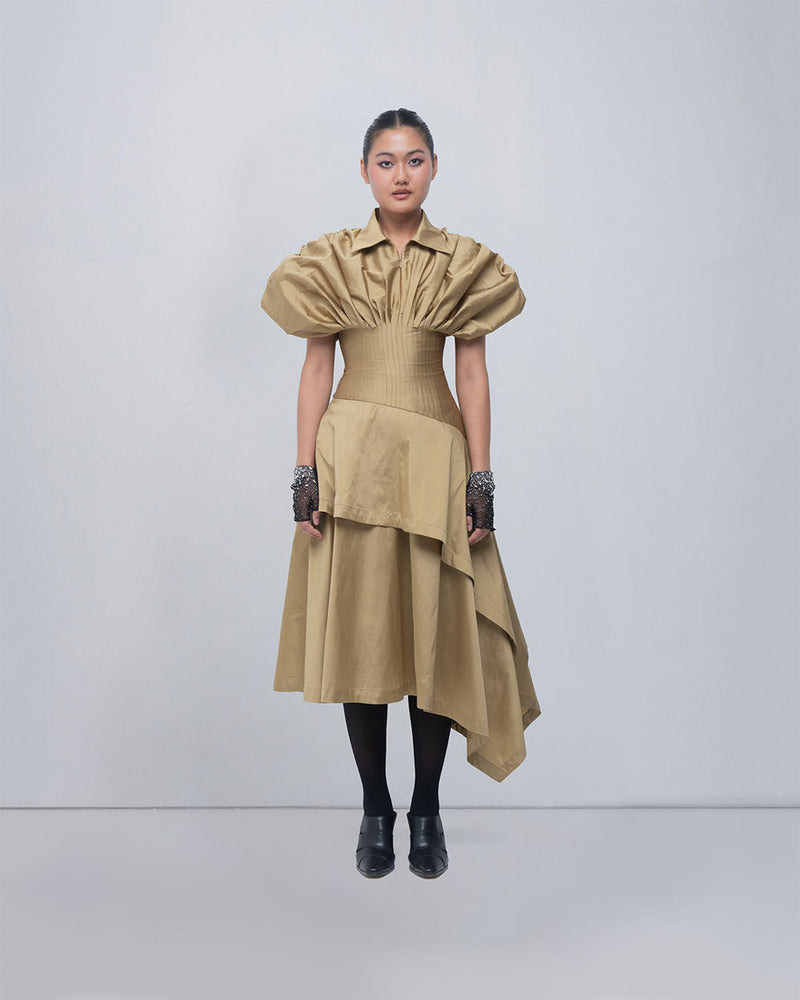 Kanon Dress viscose by Leh Studios in golden for women in Singapore
