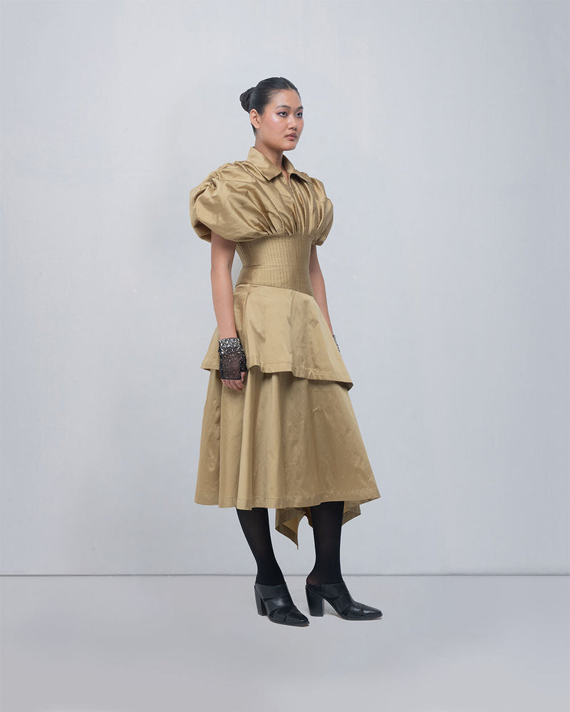 Kanon Dress viscose by Leh Studios in golden for women in Singapore