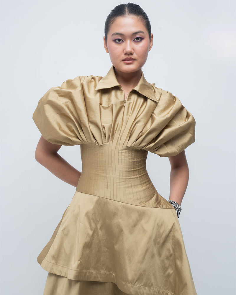 Kanon Dress viscose by Leh Studios in golden for women in Singapore