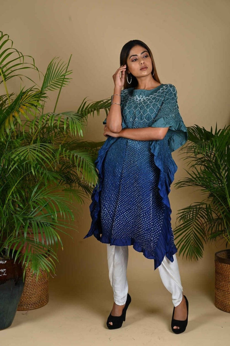 SUNFLOWER KAFTAN-GREY TO INDIGO BLUE SHADED silk by Dyelogue in multi color for women in Singapore