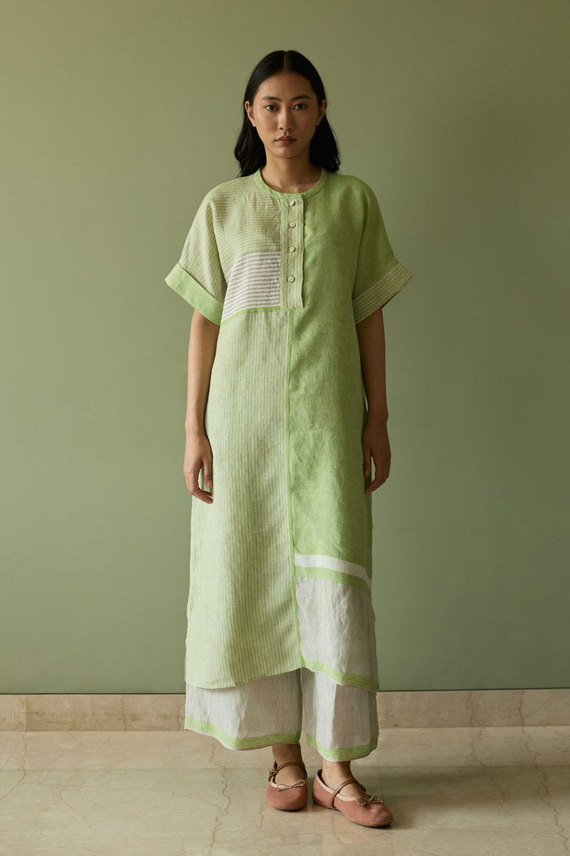 Pira Stripe Linen Tunic Kaftan Set-Meadow linen by Manan in green color for women in Singapore