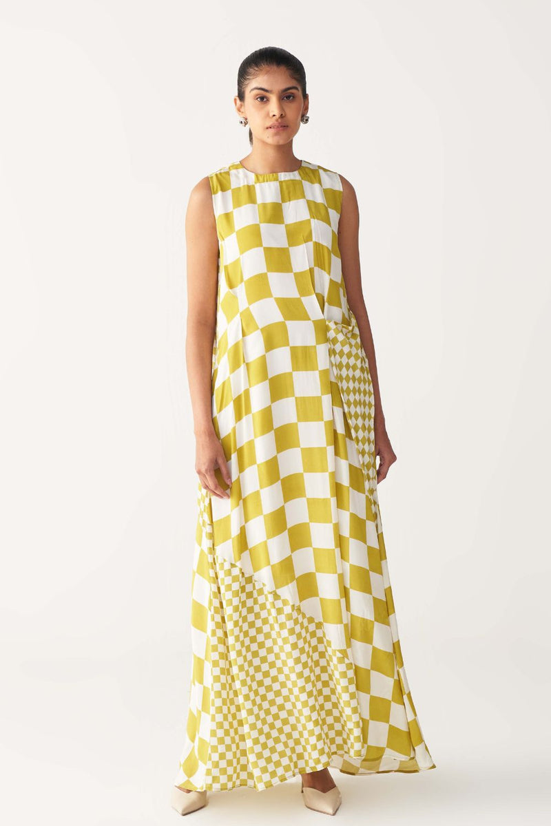 ASYMMETRIC DRESS +
IVORY CHANDERI SLIP-LIME CHECK by THREE for women in Singapore