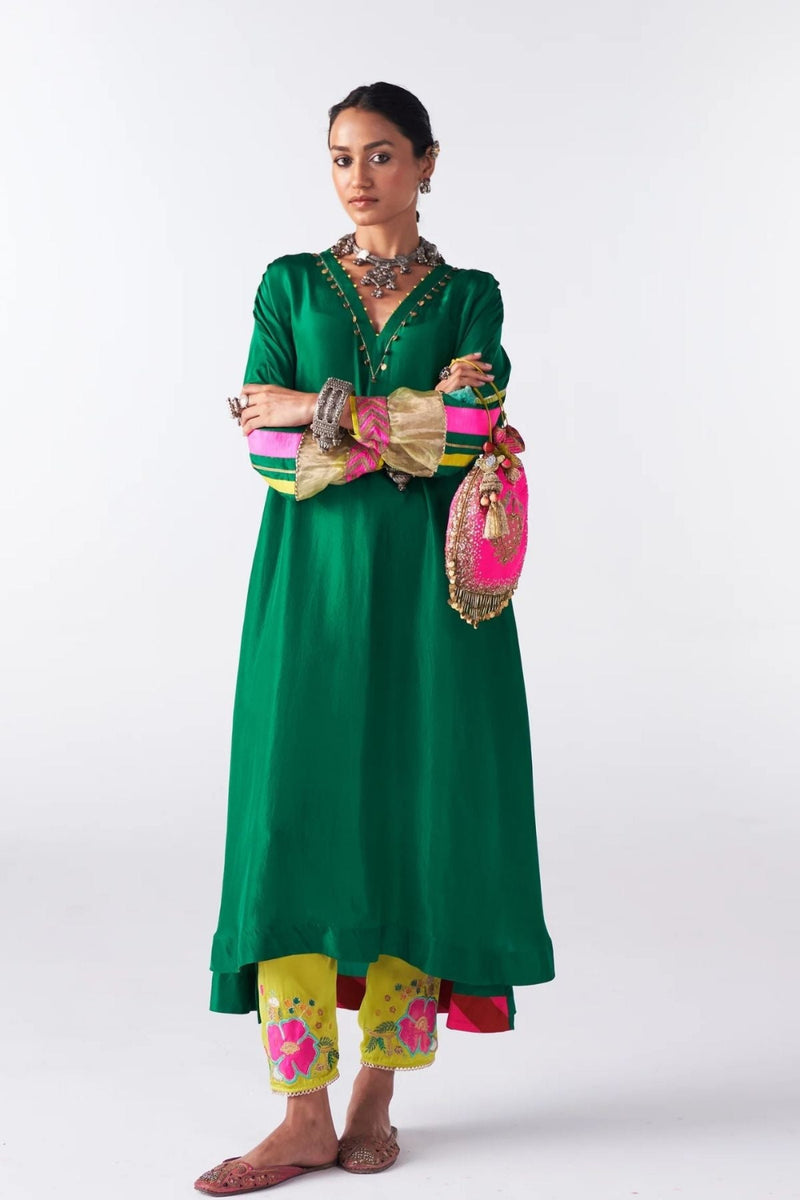 Sakhi Emerald Green Silk Back Stripe Kaftan Kurta Set by Rajiramniq for women in Singapore