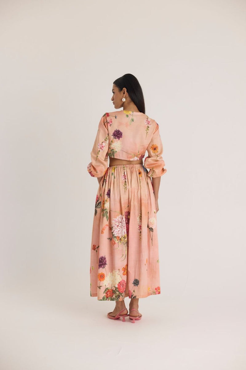 BUTTERCUP BOTH SIDE CUT DRESS satin by Yam in peach color for women in Singapore