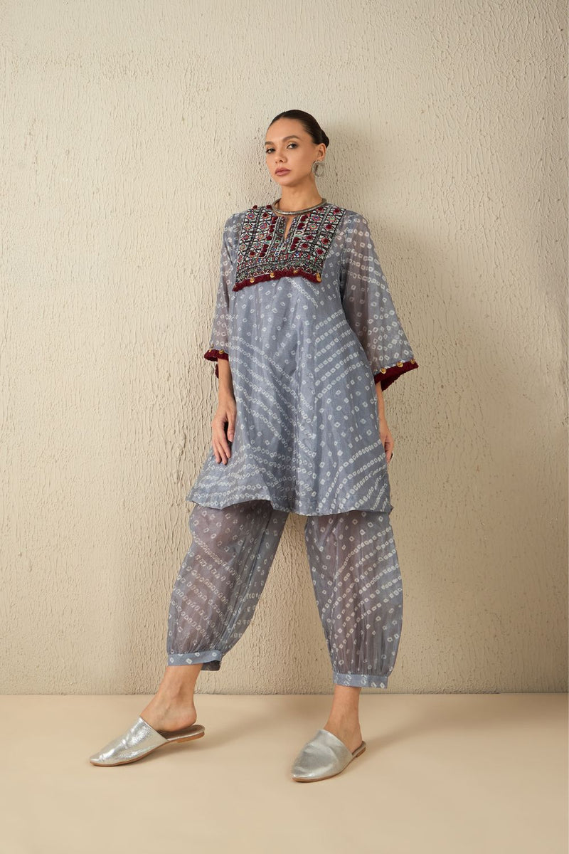 AFGHANI BANDHANI SET - Light Grey silk by Aavidi in yellow color for women in Singapore